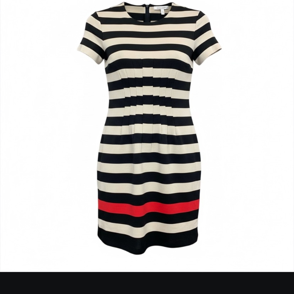 Diane Von Furstenberg Black and Cream Striped Dress with Red Detail size 6